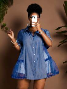 Maweii Plus Size Casual Summer Shirt - Blue - View 5