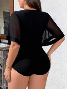 Rometta 女士加大码 V 领短袖网眼拼布针织紧身衣，优雅且适合日常工作穿着 - 黑色 - 查看 2