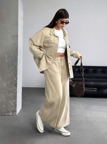 SHEIN ICON 大码女式大码牛仔夹克，休闲时尚，适合夏季 - 卡其色 - 查看 3