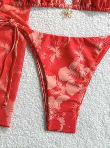 Swim Mod 3pcs/Set Women Summer Random Floral Print Halter Beach Dress, Tie Front Vintage Vacation Bikini Swimwear - Multicolor - View 4