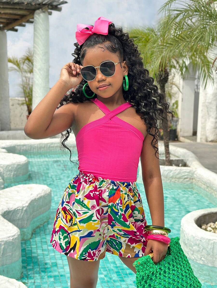SHEIN Tween Girls' Solid Knit Halter Tank And Ditsy Floral Straight Shorts Set, Easter