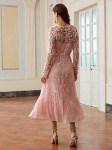 ZEYLAH Women's Long Sleeve Lace Patchwork Pleated Midi Dress, Minimalist And Fashionable, Suitable For Summer - Pink - View 4