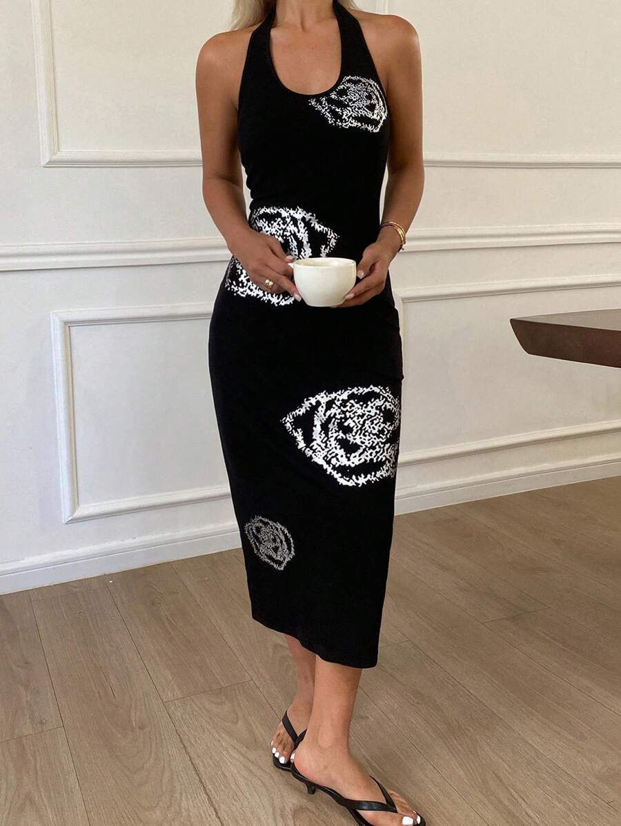 DAZY SHEIN X Hannahelzahed Floral Print Fitted Sleeveless Dress, Halter Backless Beach Summer Dress For Women,Casual Women Dresses Vacation Cruise Outfit For Women - Black - View 1