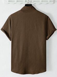 Manfinity Homme 男士纯色单排扣休闲办公室短袖衬衫男装男士衬衫 - 咖啡棕 - 查看 2