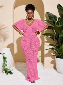 Slaydiva 2025 New Fashion Crochet Ruffle Hem Collared Casual Beach Solid Dress, Versatile Daily Wear For Spring/Summer - Hot Pink - View 6