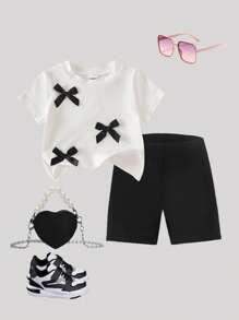 Toddler Girl Car Print Bow Round Neck Knitted White Short Sleeve T-Shirt And Black Woven Shorts, Casual Korean Summer Outfit