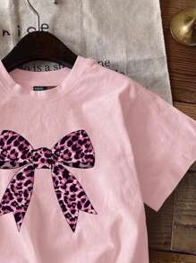 SHEIN Tween Girl Casual Minimalist Pink Short Sleeve Round Neck T-Shirt, Suitable For Spring And Summer