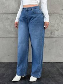 SHEIN Cottnline Plus High Waist Solid Jeans - Light Wash - View 4