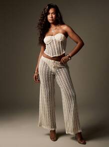 MISSGUIDED Set spiaggia a due pezzi all'uncinetto, top a corsetto senza spalline, pantaloni palazzo a gamba larga, copricostume da spiaggia, per vacanze, festival e feste