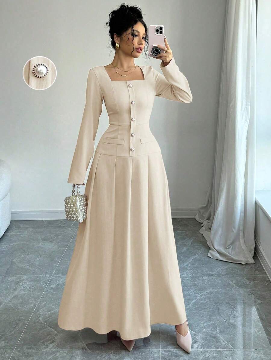 Elenzga Đầm nữ thanh lịch cổ vuông tay dài xếp ly eo, thu đông - Màu be - Xem 1