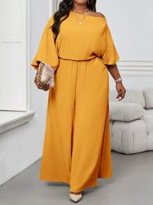 SHEIN Lady Autumn And Winter Elegant Vintage Work Casual Office Champagne Woven Off The Shoulder Ball Gown Bishop Sleeve Backless New Product Plus Size Jumpsuits - Yellow - View 1