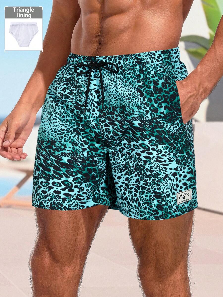 Surfspeed Men's Leopard Print Drawstring Waist Pocket Casual Beach Shorts - Green - View 1