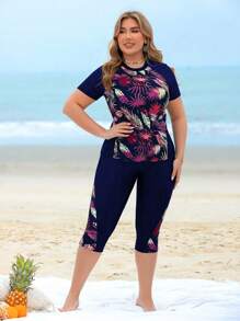 Swim Lushoire Plus Size 2 Pieces Plant Leaf Print Patchwork Tank Top & Long Swim Shorts Bikini Set, Casual And Suitable For Beach Holiday, Women For Summer Beach Vacation