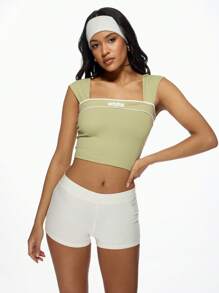MISSGUIDED MSGD Square Neck Cap Sleeve Crop Top Athletic Workout Summer Yoga Dance Studio Practice Performance Basic Training Fitted Tank Christmas - Green - View 1