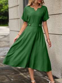 SHEIN Clasi Notched Neckline Batwing Sleeve Dress Maxi Women Outfit - Olive Green - View 6