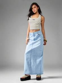 MISSGUIDED Long Denim Maxi Skirt High Waisted Floor Length Y2K Fashion Side Split Classic Spring Summer Festival Skirt - Light Wash - View 4