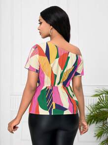 SHEIN Unity Camisa de mujer con estampado geométrico de rayas y cuello asimétrico de manga corta - Multicolor - Ver 2