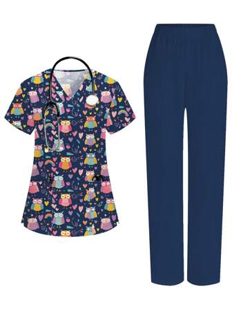 PopScrub 卡通护士制服套装，女式短袖手术服