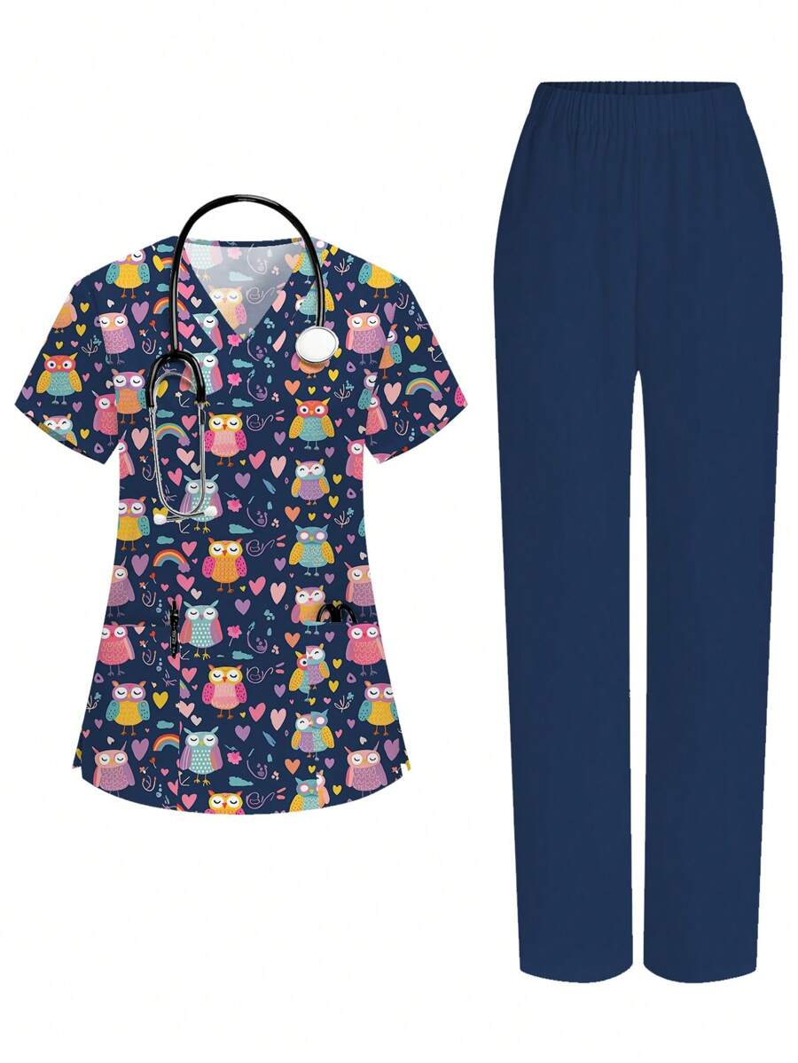PopScrub Conjunto de uniforme de enfermera de dibujos animados, pijama de manga corta para mujeres - Azul - Ver 1