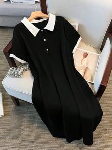 GlowEve CURVE 大码女式黑白拼色休闲衬衫领连衣裙 - 黑與白 - 查看 4