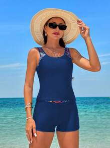 Swim Lushoire 2pcs/Set Sling Tankini Swimwear, Minimalist Design Suitable For Summer - Teal Blue - View 1