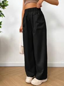 SHEIN EZwear Plus Size Women Solid Color Elastic Waist Pocket Loose Casual Pants