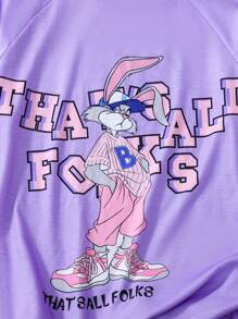 SHEIN Tween Girl Spring/Summer T-Shirt, Short Sleeve Loose Tee, Lavender Color, Cute Style, Casual & Comfortable, Minimalist Design, Funny Digital Printing "That's All Folks" On Front, Rabbit Graphic With Pockets And Expression On Back, Matching Family/Sister Wear