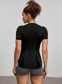 Easithlete Women's Letter Print Mesh Patchwork Short Sleeve Outdoor T-Shirt Fitted Shirt Gym Shirts