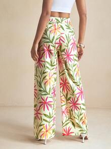 Miriam Omar Pantalons longs large à motif floral coloré pour le printemps, tenue de vacances d'été décontractée pour femmes