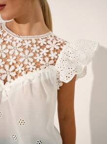 SHEIN Clasi Women's Embroidered Contrast Lace Loose Blouse With Cap Sleeves - White - View 7