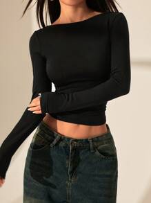 SHEIN PETITE Backless Lace Stitching Backless Women's T-Shirt Top. Sexy Date Wear Suitable For Summer.