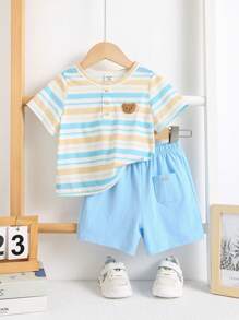 SHEIN 2 件套男婴/女婴休闲可爱图案超大圆领针织上衣和短裤套装，适合春夏季室内外穿着 - 藍色 - 查看 3