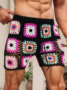 Manfinity RSRT Men's Holiday Floral Crochet Waist Tie Shorts,Men Swim Trunks