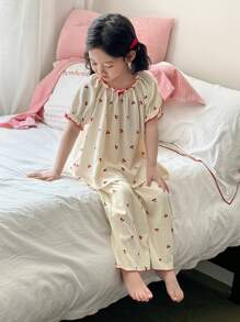 SHEIN Leap Crew Dozemod Young Girl 2 Pieces Set Cherry Pattern Ruffle Round Neck Short Sleeve Top And Loose Comfortable Woven Pants Pajama Set - Apricot - View 7