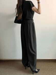 DAZY 女士纯色短袖褶皱上衣和裤子两件套家居服套装 - 黑色 - 查看 2