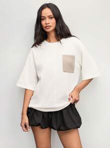 Manfinity VCAY 男女款休闲针织拼布宽松落肩圆领短袖 T 恤，适合日常穿着 - 卡其色 - 查看 4