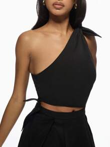 MISSGUIDED One Shoulder Knot Detail Mini Party Dress Pleated Skater Summer Evening Special Occasion A-Line Bow Party Dress - Black - View 6
