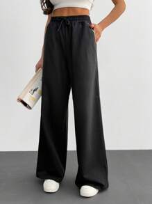 EURMUSE Women's Solid Seam Detailed Drawstring Sweatpants - Black - View 5