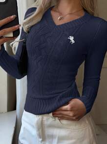 CovetEZ 女士纯色 V 领长袖毛衣，简约时尚，适合夏季，秋冬季上学上衣 - 藏蓝色 - 查看 3