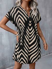 SHEIN LUNE Women Casual Abstract Print Short Sleeve Mini Dress, Daily Basic Outfit For Spring & Summer
