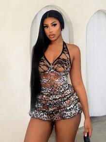 BamGleam Pantalón de una pieza con cuello de halter, estampado de leopardo y encaje, sexy, para primavera y verano para mujeres