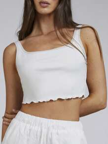 Athîral Women Jersey Mesh Strap Detail Ruffle Hem Square Neck Crop Top - White - View 1