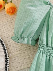 Tween Girls 纯色泡泡下摆短袖 A 字裙，适合节日派对，增添节日气氛，也适合户外活动和休闲家居服 - 綠色 - 查看 4