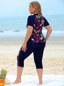 Swim Lushoire Plus Size 2 Pieces Plant Leaf Print Patchwork Tank Top & Long Swim Shorts Bikini Set, Casual And Suitable For Beach Holiday, Women For Summer Beach Vacation