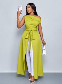 SOLERSUN Blouse asymétrique col plus grande taille avec fente à la cuisse et nœud devant, chemise épaule dénudée