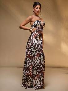 Hauture Vestido de corte halter con cuello anudado, con estampado y abertura frontal - Café integral - Ver 5
