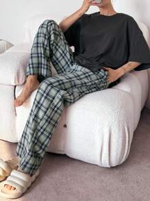 DAZY Casual Loose Top & Plaid Pants Pajama Set Home Clothing, Outfits - Dark Grey - View 5