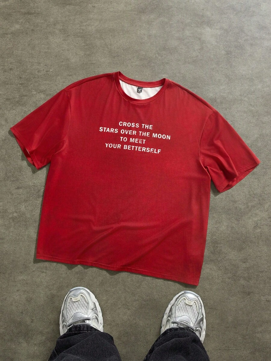 Manfinity VCAY Plus Size Men Street Style Knit Printed Red Short Sleeve Crew Neck T-Shirt - Red - View 1