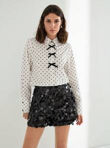 Maija 女士黑色亮片侧拉链短裤，宽松高腰优雅时尚夏季适合节日派对、音乐节