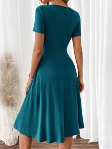 SHEIN Clasi Đầm chữ A tay ngắn cổ chữ V thanh lịch dành cho nữ màu xanh lá cây - Màu xanh ngọc - Xem 2